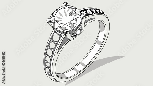 Solitaire Diamond Ring Design Jewelry Illustration Engagement Ring Sketch Isometric View Precious Stone Gems Fine Jewelry Luxury Accessory Wedding Ring Design Hand Drawn Black and White.