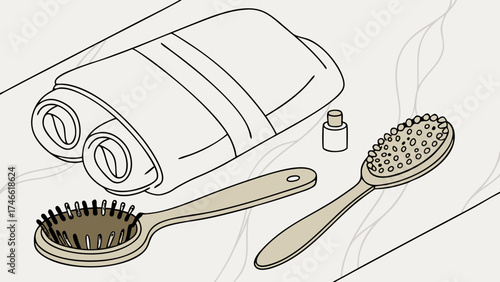Spa essentials body care bath products wellness illustration hairbrush towel skincare routine hygiene products beauty supplies wooden brush body scrub brush bath towel rolled towel c.