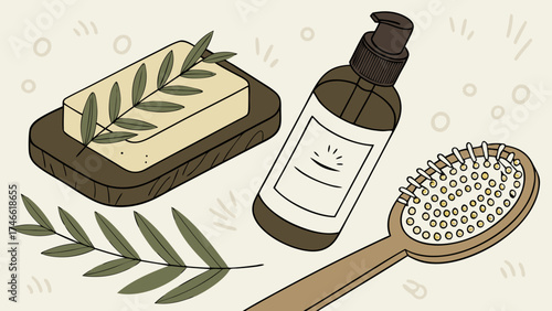 Spa Products Natural Soap Body Brush Lotion Bottle Wellness Illustration Botanical Design Organic Cosmetics Skincare Routine Bath Products Beauty Treatment Self-Care Relaxing Tranquil.