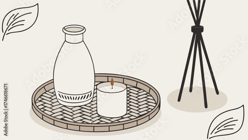 Spa Relaxation Scented Candle Diffuser and Vase on Woven Tray.
