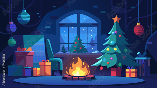 Vector art of christmas interior with fireplace, tree and gifts in the evening time