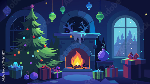 Vector art of christmas decorated room with fireplace and tree in the evening time