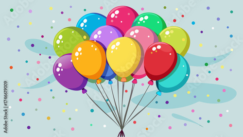 Vector art of colorful balloons floating in the air with confetti on a light blue background