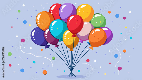 Vector art of bunch of colorful balloons floating in the air with confetti on light blue background