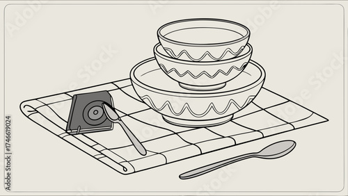 Stacked Decorative Bowls on Placemat with Utensils.