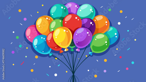 Vector art of colorful balloons floating in the air with confetti on blue background