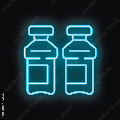 Two medical vials with medicine glowing with blue neon light on a black background