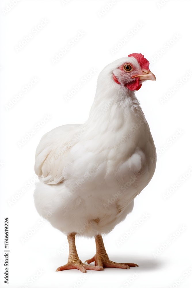 Fototapeta premium White chicken standing against plain white background