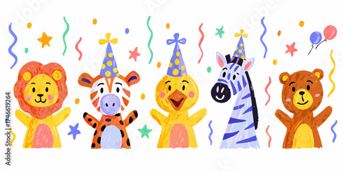 Cute cartoon animals wearing party hats celebrating with confetti and balloons
