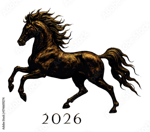 Majestic bronze horse sculpture on olive background with year 2026
