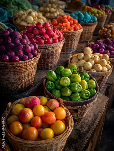 Local farmers market stalls with fresh organic fruits and vegetables – sustainable agriculture and zero-mile produce