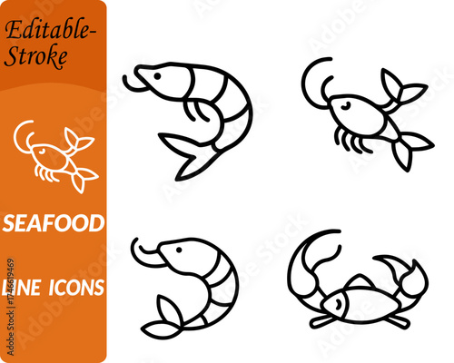 A colorful icon depicting fish shrimp and shellfish. symbolizing fresh seafood, ocean cuisine, and marine ingredients designed in a simple, modern, and easily recognizable style.