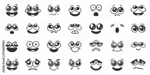 Collection of black and white cartoon face expressions and emotions for animation and design