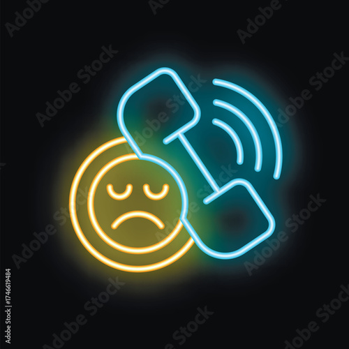 Neon icon of a sad face receiving a phone call, representing negative emotions associated with communication