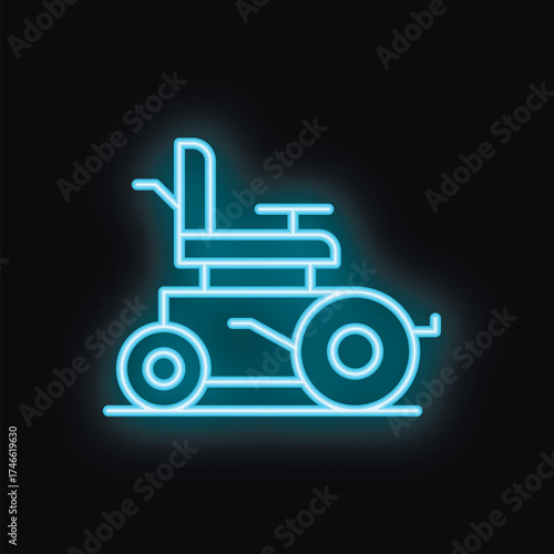 Blue glowing neon sign representing a wheelchair for disabled person, on black background