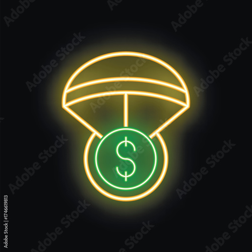 Neon style icon of a parachute protecting a dollar coin, representing financial safety