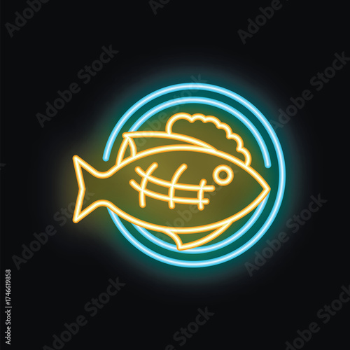 Neon sign of a grilled fish lying on a plate with a black background