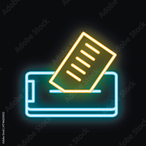 Glowing neon icon of online voting using a smartphone app with a ballot being inserted into the device