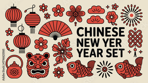 Chinese New Year Graphics Set Lanterns, Flowers, Fan, Lion Mask, Goldfish Illustration