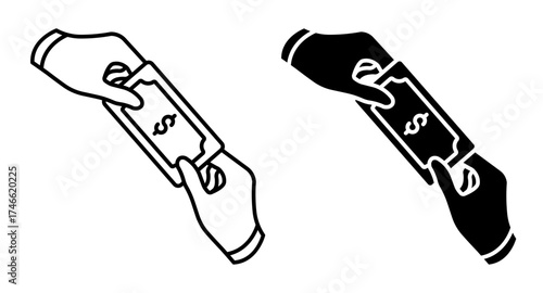 Linear icon. Hands of a bribe taker and a criminal pass money to each other. Simple black and white vector isolated on white background