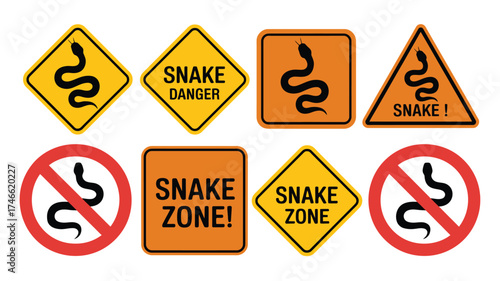 Collection of Diverse Snake Warning Signs Danger, Zone, Prohibition, Triangular, Square, and Diamond Shapes