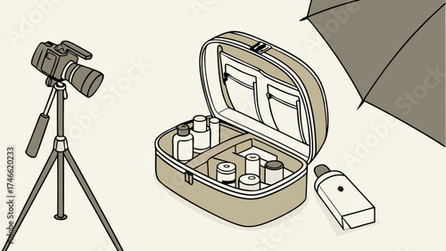 Studio Photography Setup with Camera Tripod and Cosmetic Case.