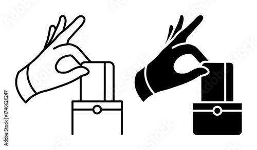 Linear icon. Pickpocket hand deftly and quietly removes a credit card from victim pocket. Simple black and white vector isolated on white background