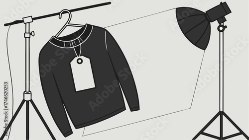 Studio Photography Setup with Clothing Item on Hanger Ready for Product Shot.