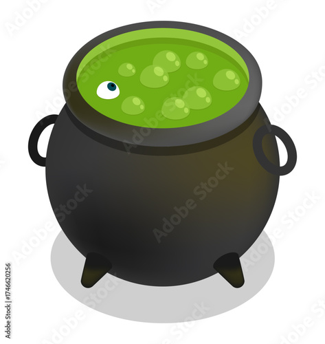 Isometric foul smelling green potion bubbles in the sorcerer metal cauldron. Isolated cartoon vector on white background