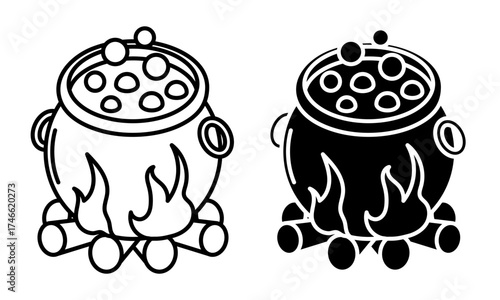 Linear icon. Witch cauldron with a boiling potion is being cooked over a burning fire. Simple black and white vector isolated on white background