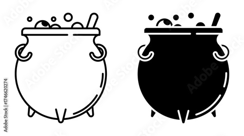 Linear icon. Pot bellied cast iron cauldron with a boiling, seething brew. Simple black and white vector isolated on white background