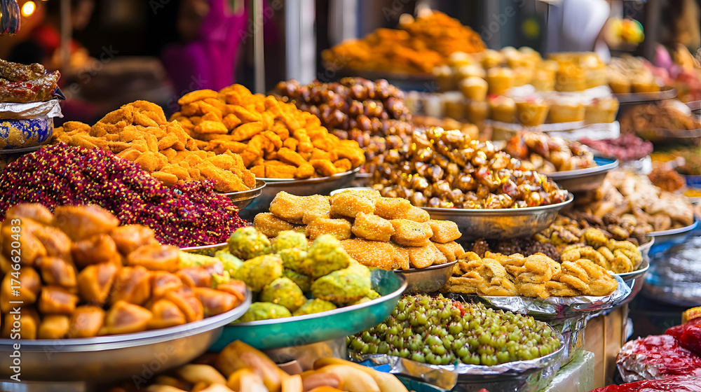 Obraz premium A vibrant display of colorful sweets and treats at a bustling market stall, showcasing an array of delicious confectionery delights and traditional snacks