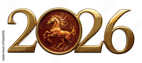 Golden 2026 with bronze horse emblem on textured olive background