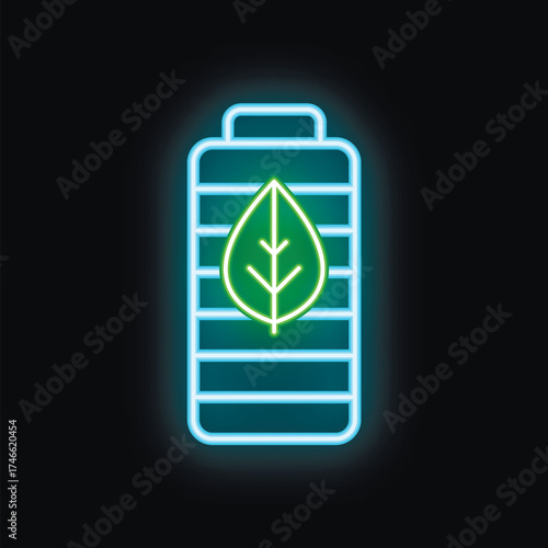 Neon green eco friendly battery icon glowing on a black background representing sustainable energy