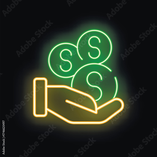 Neon sign of a businessman holding dollar coins, representing a successful business deal