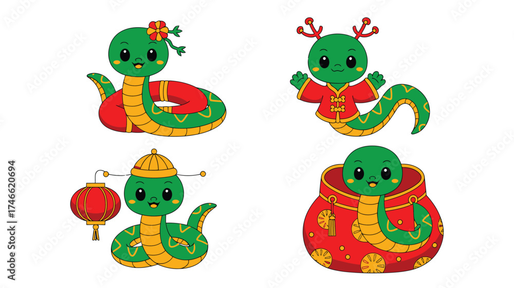 Naklejka premium Adorable Cartoon Snakes in Chinese Costumes Celebrating Lunar New Year, Cute Animal Characters