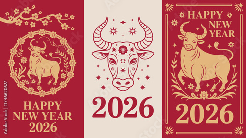 2026 Year of the Ox Chinese New Year Greeting Card Designs with Floral Decorations