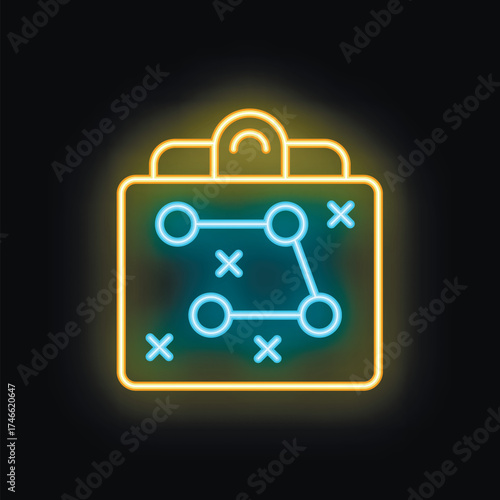 Glowing neon strategy scheme on clipboard representing planning of business plan and tactics for success