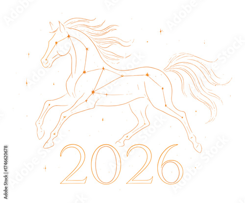 Glowing horse constellation with 2026 year in radiant starry night sky