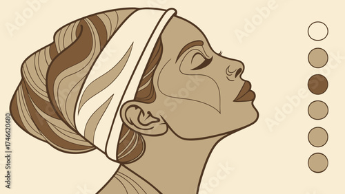 Stylized illustration of a womans face spa treatment beauty skincare wellness profile view headband elegant calm serene minimalist art design element vector art graphic design patte.