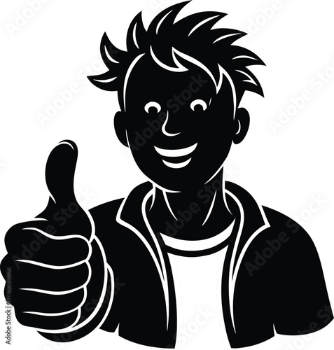 Smiling Thumbs Up Silhouette Vector | Cute Hand Gesture Icon with Happy Face in Black | Approval Cartoon Illustration