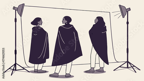 Three Models in Cloaks Posing for a Photo Shoot Studio Photography Fashion Illustration Back View.