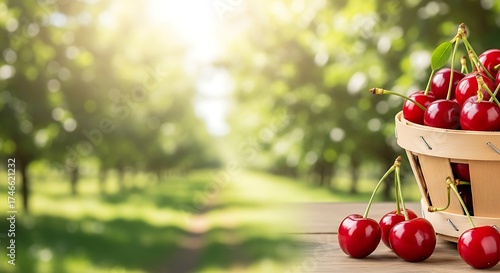 Fresh red cherries in a basket on a wooden table with rows of trees and sunlight in the background at a cherry farm