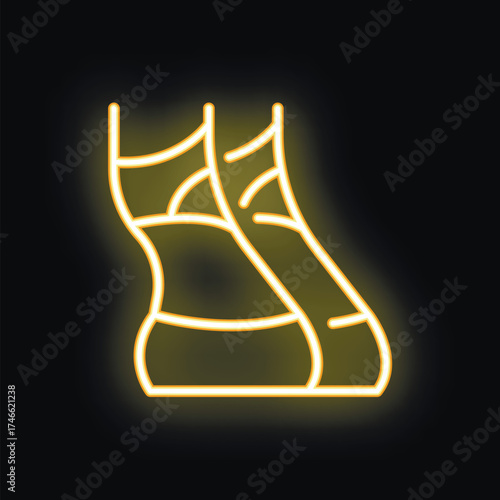 Yellow glowing neon icon of compression socks, often used for medical purposes