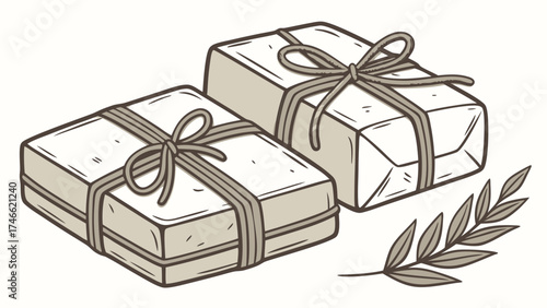 Two Wrapped Gifts with a Branch Illustration Perfect for Spa Handmade and Eco-Friendly Designs.