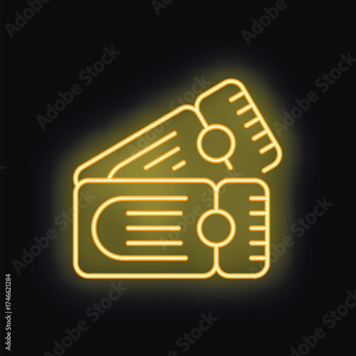 Neon yellow glowing icon graphic of two tickets on a black background