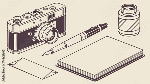 Vintage Stationery Set - Retro Illustration.
