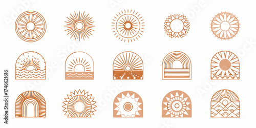 Collection of boho sun and rainbow icons in earth tones for design elements