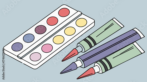 Watercolor paints and paint tubes art supplies creative tools colorful palette painting equipment design elements illustration graphic design stationery school supplies kids art childr.
