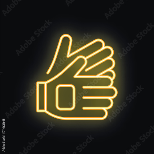Bright neon icon of goalkeeper gloves is glowing on a black background